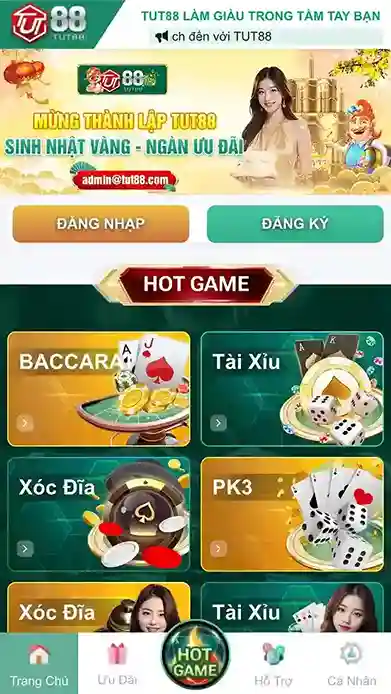 Tải app TUT88 - Trải nghiệm giải trí trực tuyến trên di động=Trang chủ TUT88 cung cấp một loạt các dịch vụ giải trí trực tuyến, bao gồm các trò chơi casino đa dạng, cá cược thể thao, và những ưu đãi đặc biệt cho người chơi. Giao diện dễ sử dụng và các tính năng tiện ích giúp người chơi dễ dàng tìm thấy những trò chơi yêu thích và bắt đầu trải nghiệm ngay lập tức.